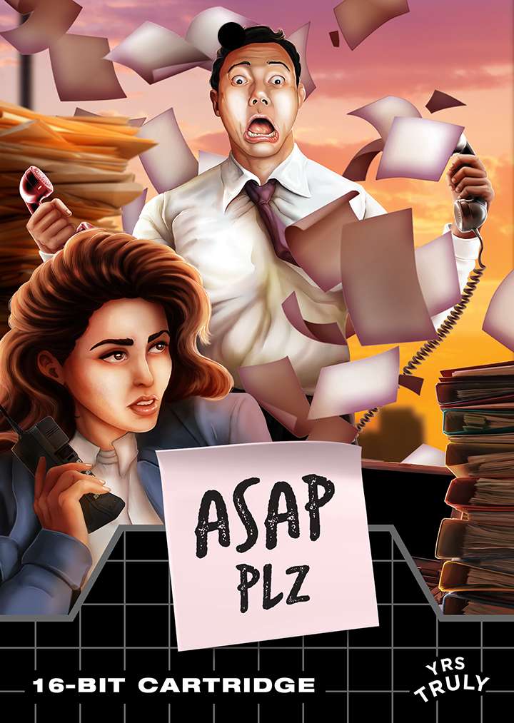 Game box artwork depicting a woman with red hair sitting at a desk, a man standing in the background with a teriffied facial expression while pieces of paper float around an office room.